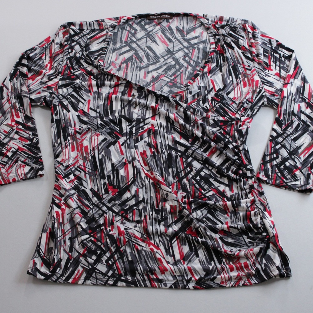 Adrienne Vittadini Abstract Faux Wrap Top Red Black 3/4 Sleeve Large Office Busi